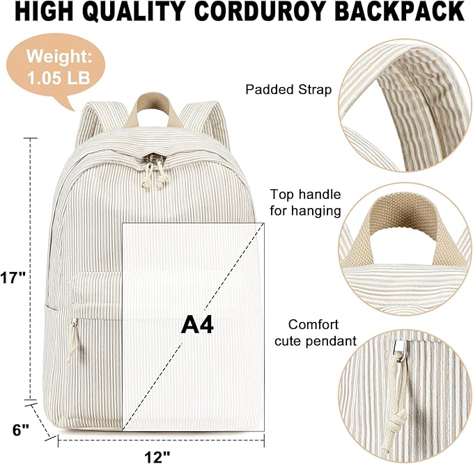 BTOOP School Backpack for Teens Large Corduroy Bookbag Lightweight 15.6 inch Laptop Bag for Girls Women Casual High School College