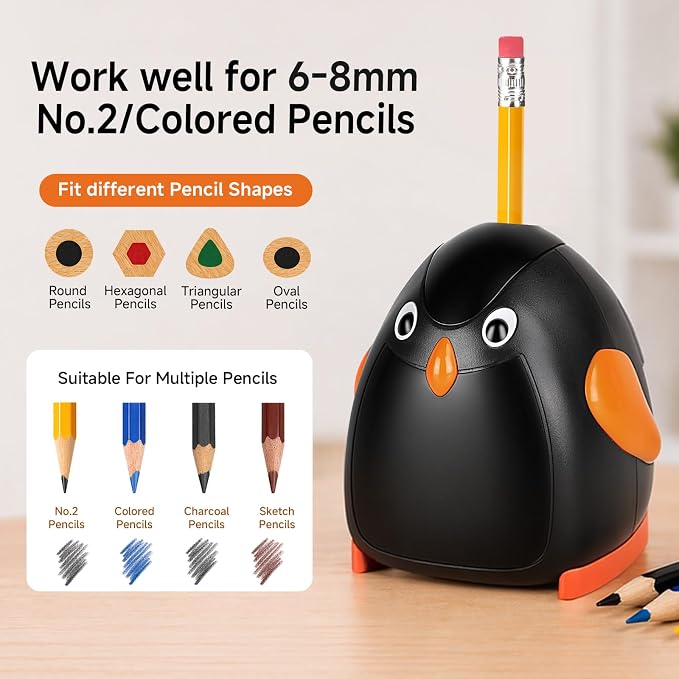 Penguin Battery Operated Pencil Sharpener, Cordless, Portable, Animal-Inspired Desktop Stationery for Office and Home Studio