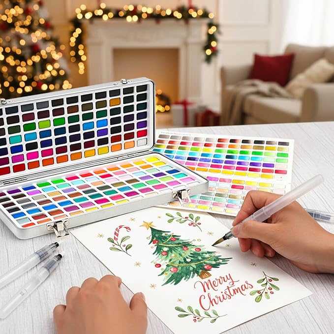 168 Solid Watercolor Paint Set with Brushes and Blank Coloring Book, Archival Art Supplies for Professionals - Christmas, Birthday, Artist Present