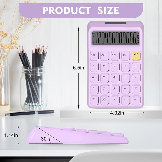 Cute Calculator, Calculators Desktop, Purple Calculator Big Buttons, Solar and Battery Dual Power, 12-Digits Large LCD Display, Desk Calculators for Office Home School Basic Business (Purple)