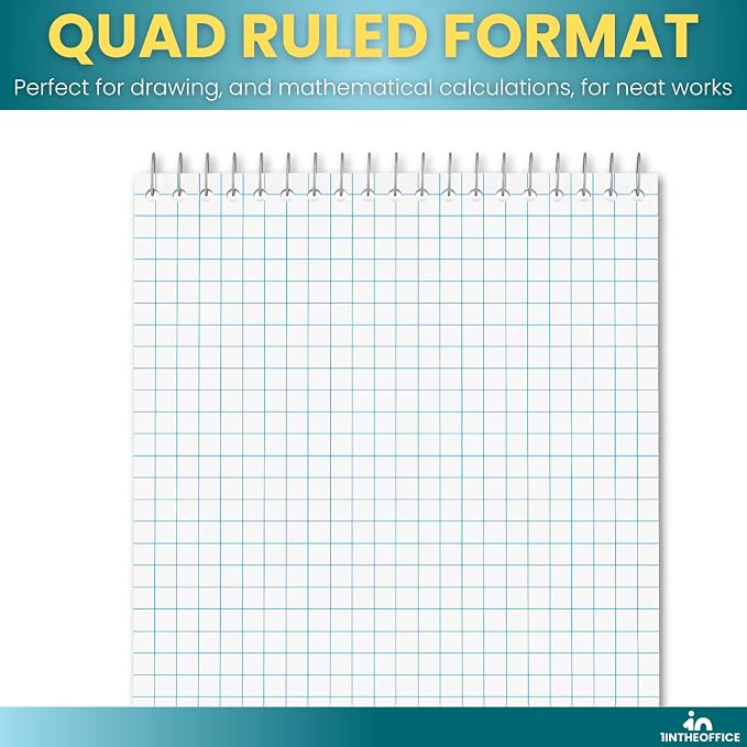 1InTheOffice Graph Ruled Notepad 6x9, Spiral Steno Pads, Top Bound, Quad Ruled, 80 Sheets/Pad, (6 Pack)