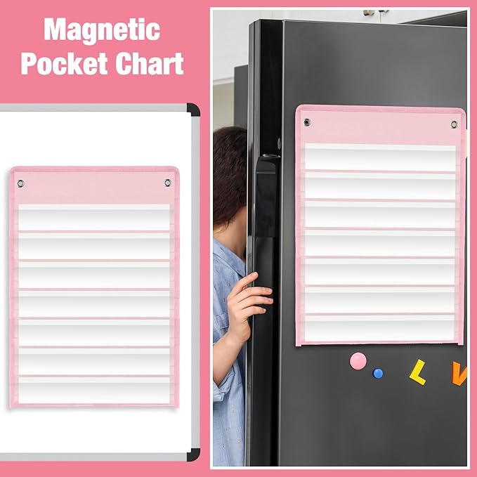 4 Pcs Magnetic Pocket Chart Standard Classroom with 40 Pcs Dry Erase Cards for Daily Schedule Class Demonstrations Office Home Activities(Pink)
