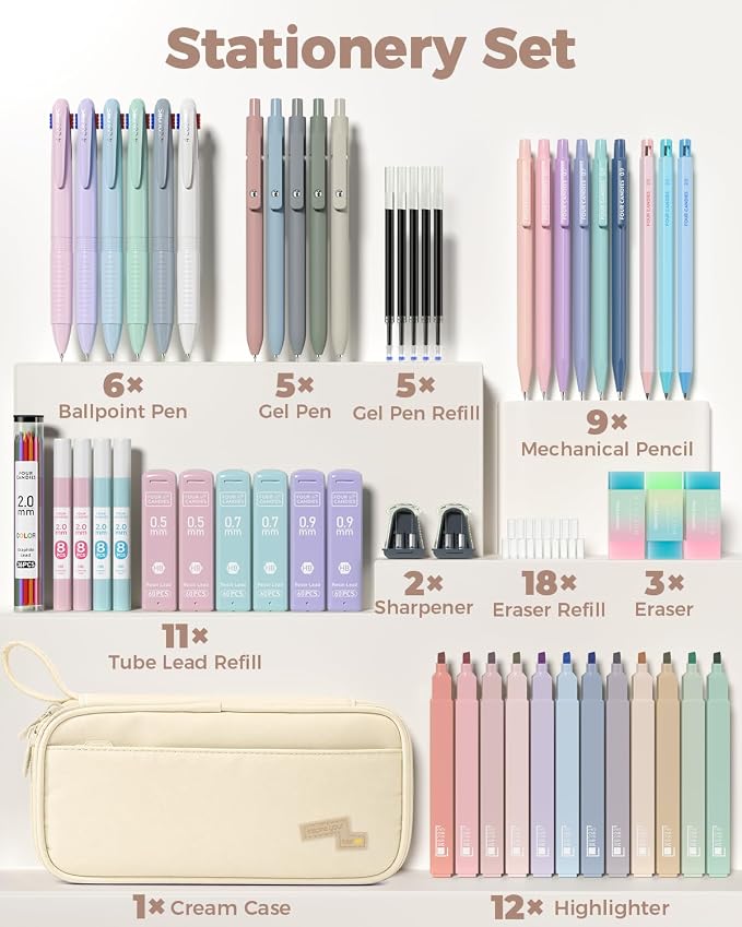 Four Candies 56 PCS Aesthetic School Supplies with Pencil Case (Cream) | 6 Multicolor Pens, 12 Pastel Highlighters, 5 Black Gel Pens, 9 Mechanical Pencils, Student Stationery Set College Essentials