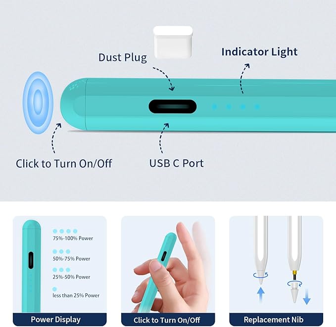 Stylus Pen for iPad,(2018-2026) Fast Charge with Tilt Sensitivity & Palm Rejection Compatible with iPad Pro 11"/12.9", iPad mini 5/6, iPad Air 3/4/5, iPad 6/7/8/9/10 (White Green)