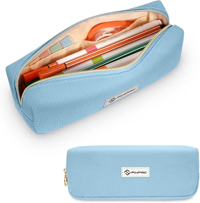 FINPAC Pencil Case, Corduroy Aesthetic Makeup Bag, Cute Kawaii Pen Bag Pouch Holder Box Organize for Study, Office, or Travel (Ocean Blue)