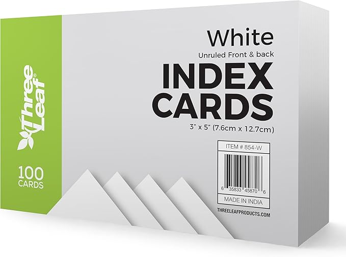 THREE LEAF 3 X 5, INDEX CARDS UNRULED, 100 CT. WHITE, Blank Flash Cards, Study Card, Memo Pad, For To-Do List, Art And Craft Projects