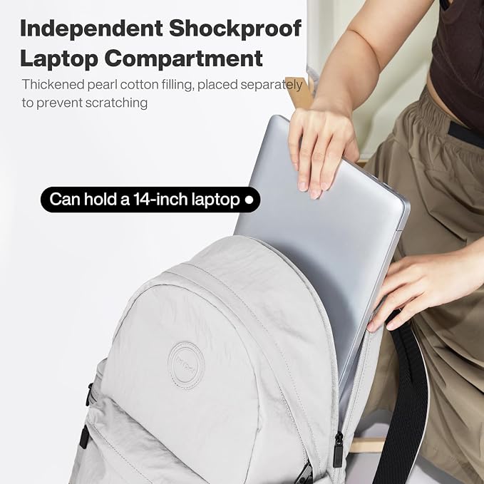 mixi 15 Inch Casual Travel Daypack, Lightweight Laptop Backpack, Light Gray | Ultra Light Backpack, Fits 14in Laptop, Water/Oil/Stain Resistant, Anti-Theft Pocket&Luggage Strap for College Work Hiking