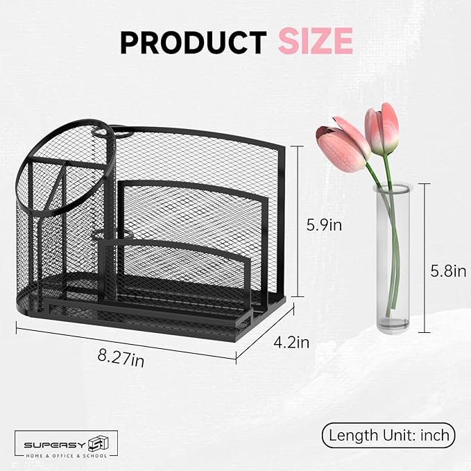 SUPEASY Desk Organizer with 3 Compartment Pen Holder, 3-Slot Mail Organizer and Flower Tube, Metal Mesh Bill Organizer for Pencil, Envelope, Letter and Office Supplies, Black