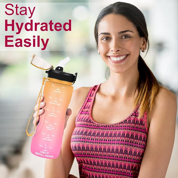 24 OZ Motivational Kids Water Bottle With Time Marker,Straw Lid,Leak Proof, Tritan BPA Free Sports Water Bottle Yellow Pink(1 Lid)
