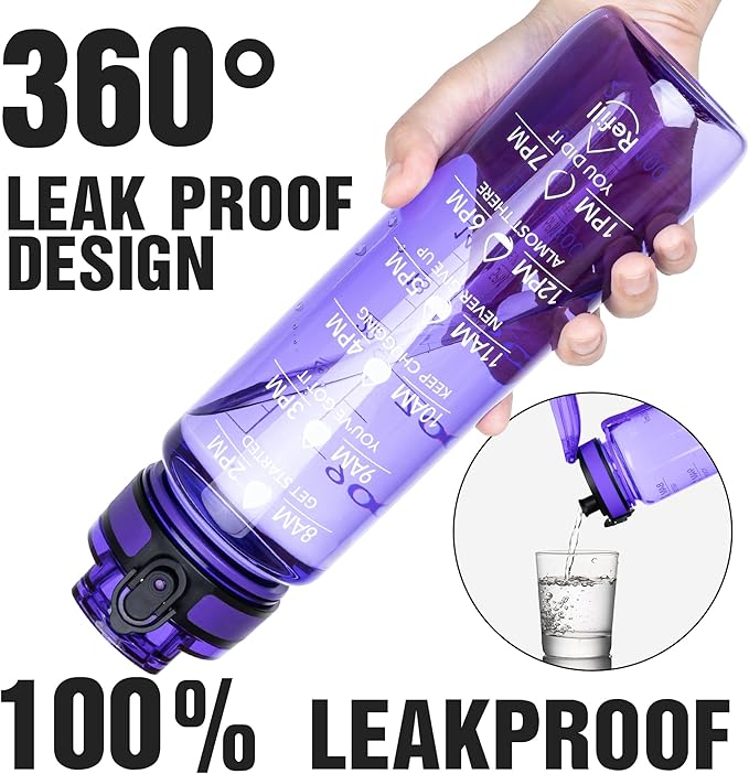OLDLEY Water Bottle, 32oz Motivational Sports Water Bottle with Time Marker - Times to Drink - Tritan, BPA Free, Wide Mouth Leakproof, Anniversary Birthday Gifts for Men Women, Deep Purple (1 Bottle)