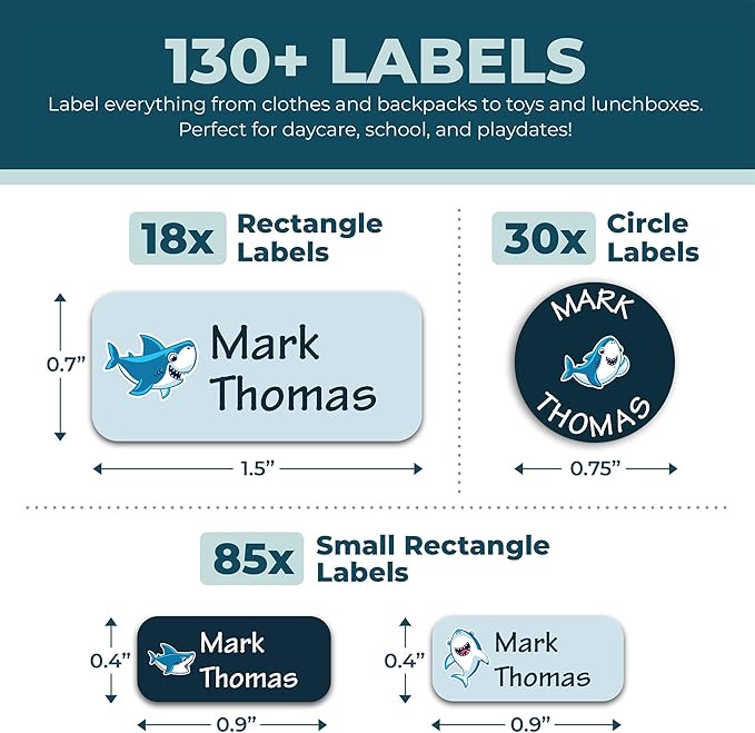 Bunny Badges Personalized Daycare Name Labels for Kids (130 Labels) - Custom Waterproof Name Stickers for Clothing Tags, Water Bottles, Lunch Boxes and School Supplies (Sharks)