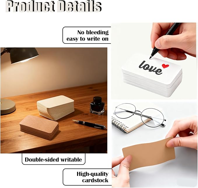 200 Pcs Blank White & Kraft Paper Round Corner Flash Card, Small Index Cards, DIY Hard Card Stock for Memo Notes, Word Learning, Word Message Gift Flash Paper, 3.5” X 2.1” (White + Kraft Paper)
