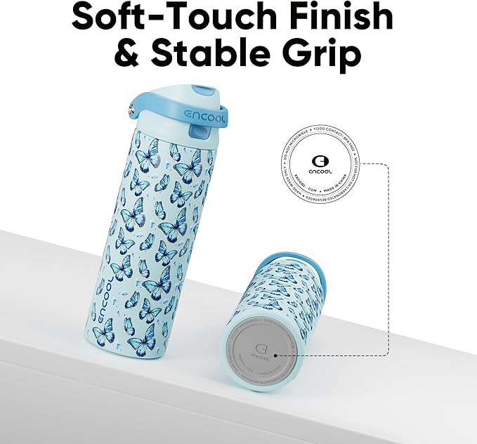 ENCOOL Leakproof Insulated Stainless steel Water Bottle with Straw Dual-Sip Water Bottle Bag-Safe Design for Work, BPA-Free Commute & Gym – Keeps Drinks Cold All Day, 24 oz, Glacier Butterfly