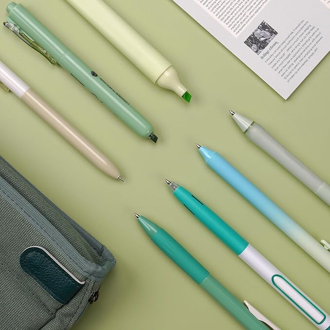 WRITECH Gel Pens Journaling Highlighters: Journal Set Aesthetic Assorted Pastel Color Ink 0.5mm Fine Point Retractable 0.7mm Black Pen Smooth Writing Drawing No Bleed 7ct (Green)