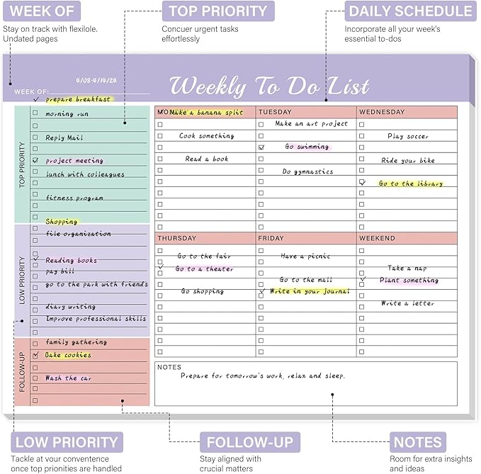 Weekly To Do List Notepad - 52 Undated Glue Bound Tear-Off Sheets (8.5"x11") for Desk Planning | Home, Work & School Organization Pad for Women & Men (Purple)