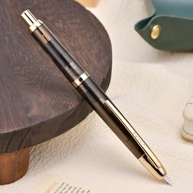 Jinhao 20 Press Fountain Pen, Transparent Black Retractable Fine Nib with Ink Converter Set (Golden Clip)