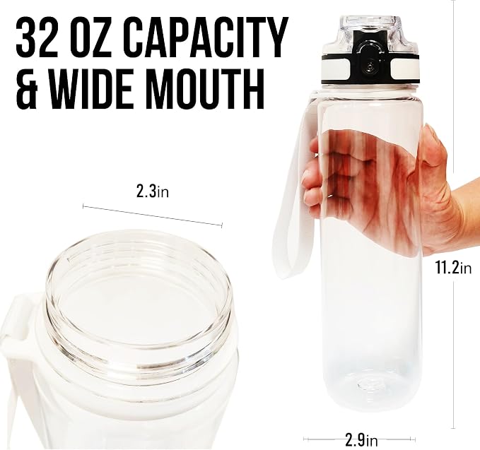 Clear Plastic Water Bottle | No Markings 32oz Chug Lid Sports Water Bottle | Leak Proof Re-Usable Flip Top Plastic Drinks Bottles for School, Office, Gym, Cycling, Exams (Clear-32oz)