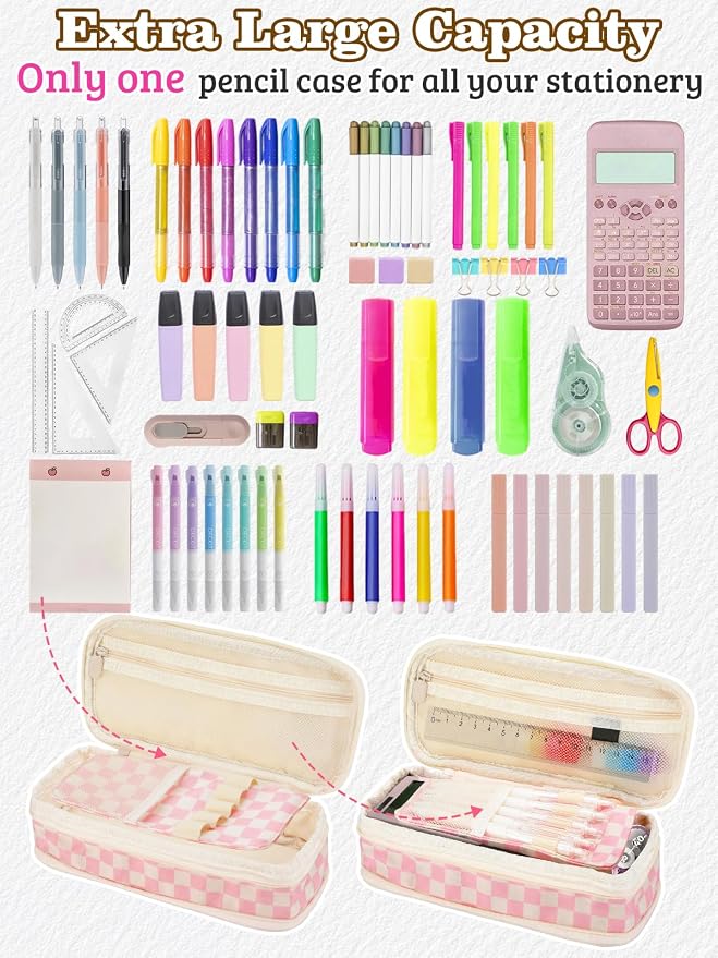 Bigmeta Gingham Expandable Pencil Case for Teens Girls - Pink | Zipper Gusset for Adjustable Capacity, Checkered Cute Pencil Pouch, Stationery Bag Box for Student Back to School Gifts