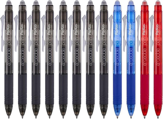 ParKoo Retractable Erasable Gel Pens Clicker Fine Point 0.7 mm, No Need for White Out, 8 Black/2 Blue/2 Red Ink for Completing Sudoku and Crossword Puzzles, 12-Pack