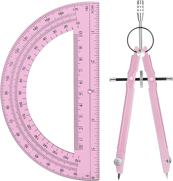 EBOOT Student Geometry Math Set, Metal Drawing Compass and 6 Inch Clear Swing Arm Protractors 180 Degree Math Protractor(Pink and Pink)