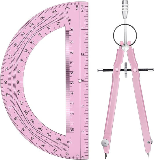 EBOOT Student Geometry Math Set, Metal Drawing Compass and 6 Inch Clear Swing Arm Protractors 180 Degree Math Protractor(Pink and Pink)
