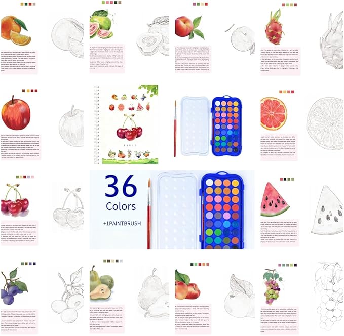 36 Colors Watercolor Book with Paint，Beginner Watercolor Workbook Kit, Watercolors Workbook (Fruit -36 Colors)