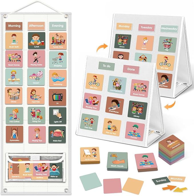Large Visual Schedule for Kids Chore Reward Chart,Bedtime Routine Chart for Toddlers,Double Side Schedule Board with 109 Cards for Home School Planner,Autism Learning Materials (White)