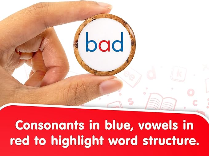 Junior Learning: CVC Snacks - Hands-On Spelling Game, Phonics & Words Practice, Picture Clues, Color Coded, Cookie Theme Double-Sided Cards, Kids 4+