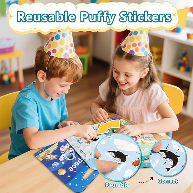Reusable Sticker Books for Toddlers 1-3, Puffy Stickers Book for Kids Ages 2-4, Toddler Travel Essential Activities Toys for Boys Girls Birthday Christmas - Ocean, Vehicles and Space (3 Set)