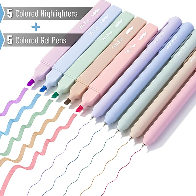 Mr. Pen- Aesthetic Highlighters and Gel Pens, 10 Pack | Assorted Colors Bible Highlighters No Bleed, Fine Point 0.5mm Colored Ink Gel Pens