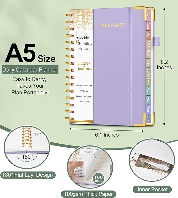 Academic Planner 2026-2027, Hardcover Weekly and Monthly Calendar Planner from July 2026 - June 2027, Daily Agenda Planners with Tabs, College School Organizer for Student Teacher, A5 (6.1" x 8.2"), Purple