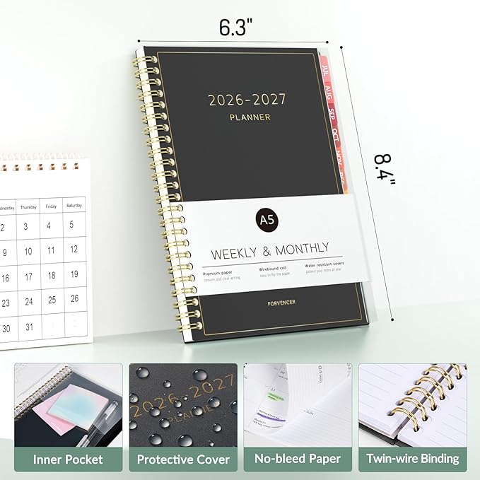 Forvencer Academic Planner 2026-2027, Weekly Monthly Calendar Planner, July 2026-June 2027, 6" X 8" Daily Agenda Book, Flexible Cover Notebook, College School Teacher Student Organizer A5, Dark Green