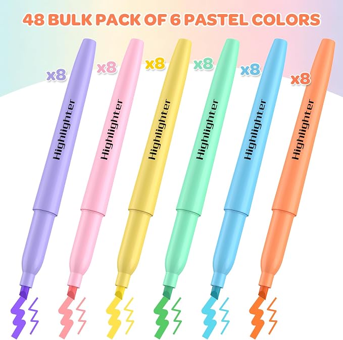 48 Count Pastel Highlighters Bulk - 6 Assorted Soft Colors, Chisel Tip, No Bleed & Quick Dry, Ideal for Note Taking, Studying, School, Office, Student & Teacher Supplies