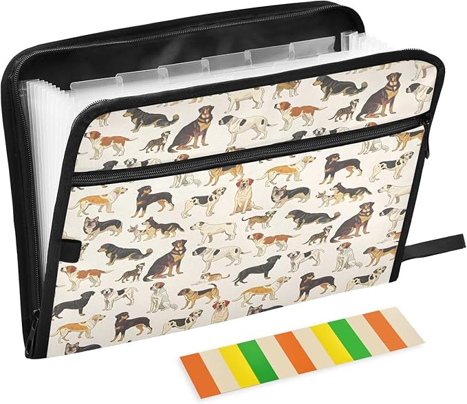 Variety Dog Pattern 13 Pocket File Organizer Expanding File Folder with Front Pouch Portable Business File Storage Document Organizer Folder with Zipper