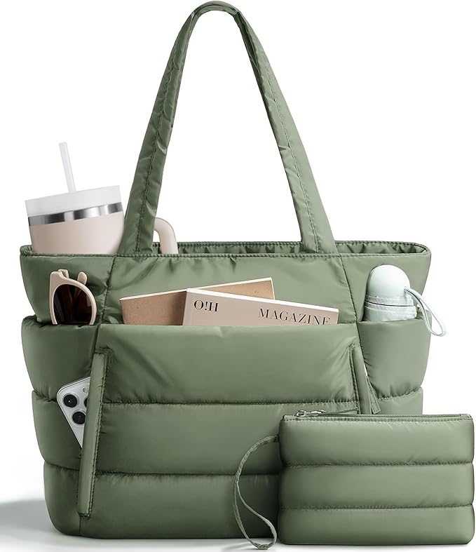 Bagstellar Puffer Tote Bag for Women, Lightweight Puffy Work Handbag Teacher Nurse Quilted Shoulder Bag for School Travel Gym | Cloud Bag w/ Zipper