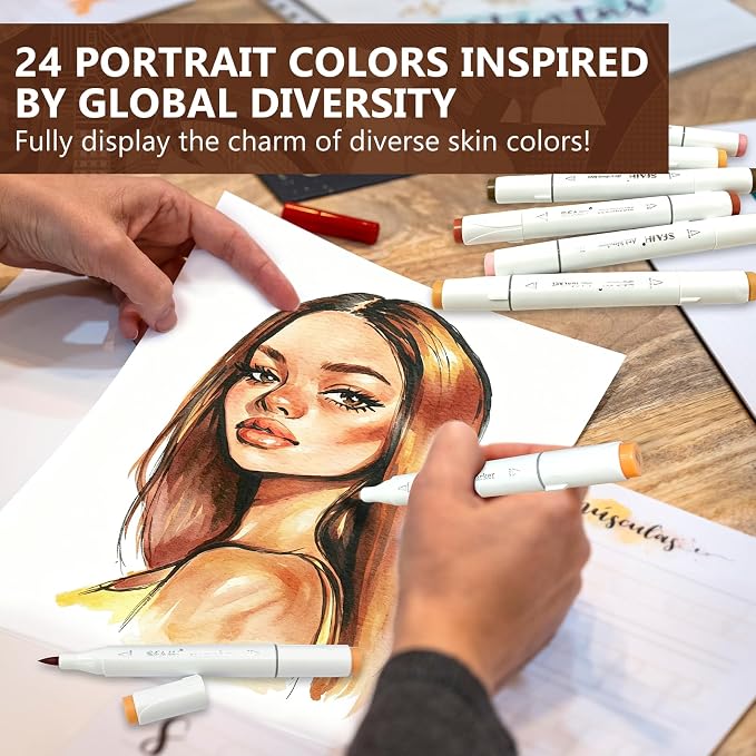 SFAIH Skin Tone Alcohol Markers Brush & Chisel [25 Diverse Portrait Colors]