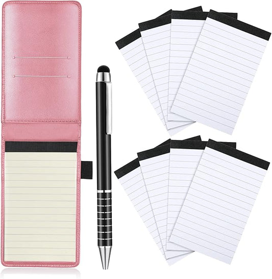 Outus 10 Pcs Mini Pocket Notepad Holder Set Included Small Leather Pocket Notebook Holder with 50 Lined Sheets, Metal Pen, 8 Pcs 3 x 5 Inch Memo Book Refills, 30 Lined Paper Per Note Pad (Pink)