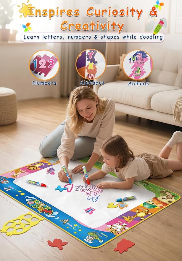 Wedopro Water Doodle Mat 40x30” - Mess-Free Toddler Toys for Ages 3-7 with 27 Pcs | Educational Drawing & Painting Mat for Kids with 24 ABC & Animals | Birthday Gift for Boys & Girls