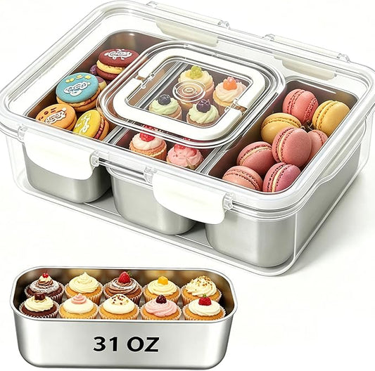 Snackle Box Container, Stainless Steel Snack Box with 3 Large Compartments, Dishwasher Safety Snack Tray with Lid and Handle, Divided Serving Tray for Travel, Picnic, Beach, Pool and Parties