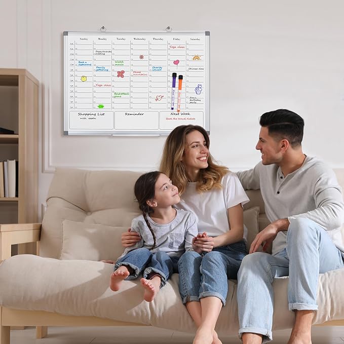 ONAVIA Weekly Calendar Dry Erase Board for Wall, Hanging 24"×18" Double-Sided Magnetic Whiteboard, Hanging White Board for Planning, Drawing, Memo, to Do List, School, Home, Kitchen, Office