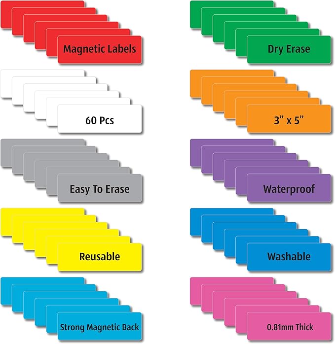 IMAGAME Magnetic Dry Erase Magnets Labels 3x1 inches, Reusable Name Tags, Organizing Schedules in Office/Classroom. Work on Fridge/White Board (Multicolor 60Pcs)