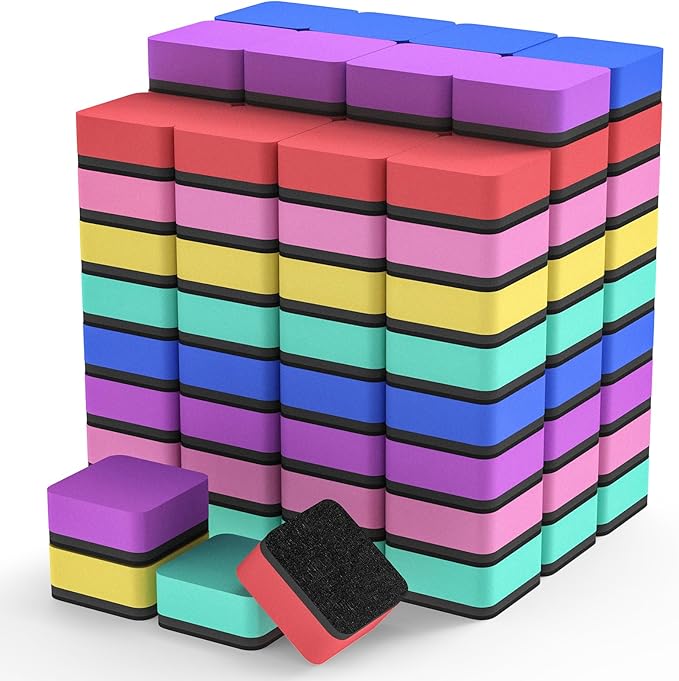 MaxGear Magnetic Dry Erase Erasers, 108 Pack Mini Whiteboard and Chalkboard Erasers with Strong Cleaning Power, Small 2 x 2 Inch Whiteboard Cleaning Pads for Classroom, Office, Home, 6 Color Set