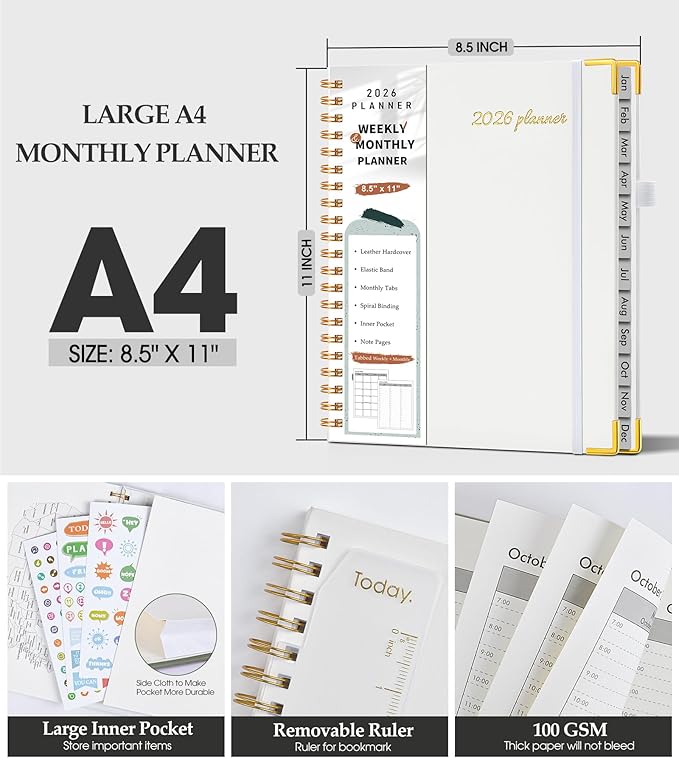 2026 Planner, Weekly and Monthly Calendar Planner from January 2026 - December 2026, 8.5" x 11" Hardcover Leather Hourly Appointment Book with Tabs, Spiral Daily Planners for College School Work Home, White