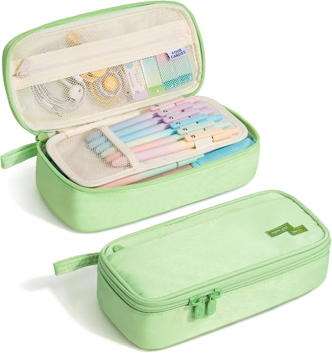 Four Candies Large Pencil Case, 5 Compartments Canvas Pen Organize | Big Capacity Pencil Pouch Bag for School Supplies, Portable Stationery Holder for Teen Girls Boy Men Women