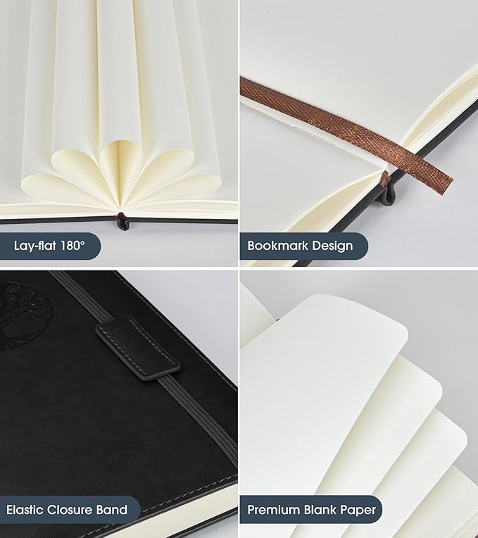 Biuwory Blank Journal Notebook for Women Men, Hardcover Leather Sketchbook 5.7"×8.3", 140 Pages Unlined Sketch book for Drawing, Writing, Travel, School & Work, Journaling Notebooks (Black)