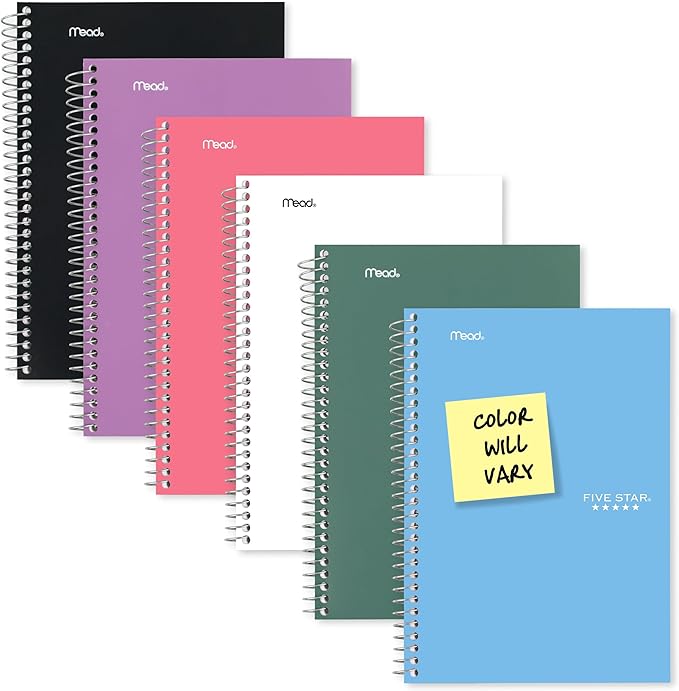 Five Star Small Spiral Notebook, 5 Subject, College Ruled Paper, 180 Sheets, 9-1/2" x 6", Color Will Vary, 1 Count (06184)