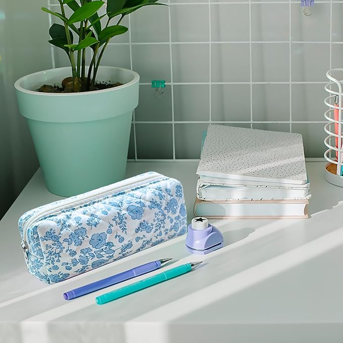 Pencil Pouch Cute Pencil Case Office Storage Bag Holder Box Organizer Aesthetic Bow Flower Pattern Makeup Pouch Cosmetic Bag for Women Girls