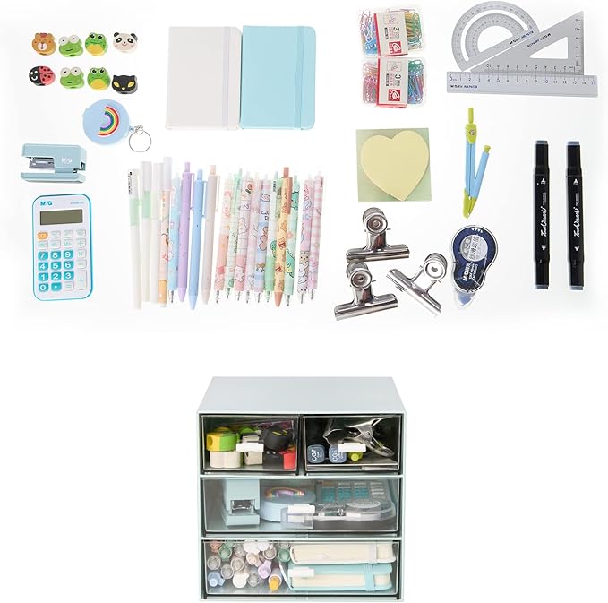 Desk Organizer with 4 Drawers, Clear Plastic Desk Storage Box, Desktop Organization for Office Supplies, Gel Pens, Pencils, Markers, Tape, Erasers, Paperclips, Chargers (Blue)