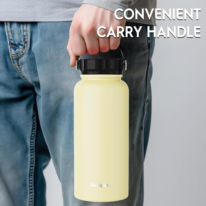 Navigate 32oz Insulated Water Bottle for Sports, Keep Cold 24H | 2-in-1 Spout and Handle Lids, Double Leak-Proof, 18/8 Stainless Steel, BPA-Free, Wide Mouth for Hiking,Faint Yellow