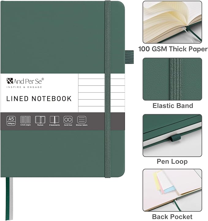 &And Per Se Lined Journal Notebook – A5 5.7”x8” College Ruled, 160 Pages, 100gsm Thick Paper, Journaling Notebooks for Writing (Dark Green)